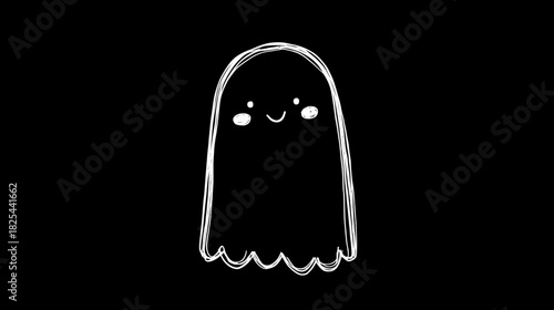 Adorable smiling white ghost character doodle illustration on a solid black background, cute Halloween design element