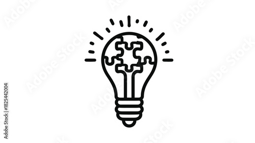 Line art lightbulb with puzzle pieces, representing a creative idea, innovation, problem-solving, and finding solutions concept icon.