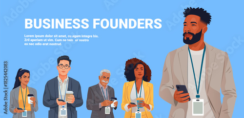 Business founders diverse team professional people standing holding coffee smartphones wearing badges business attire blue background conference concept