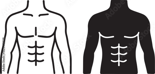 Stylized human male torso icon depicting strong abdominal muscles for fitness, health, and athletic body visuals. outline and solid black versions. isolated on white background, Vector