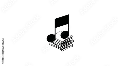 Stylized musical note rests on a stack of sheet music or documents, iconic black and white graphic for music composition.