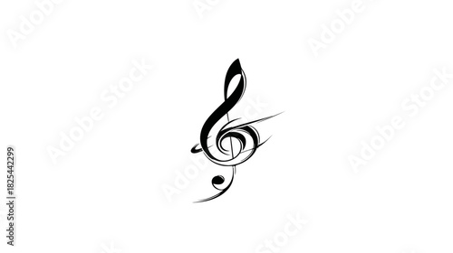 Stylized Black Treble Clef Music Symbol with Swirls and Artistic Details on White Background, Sound and Harmony Concept