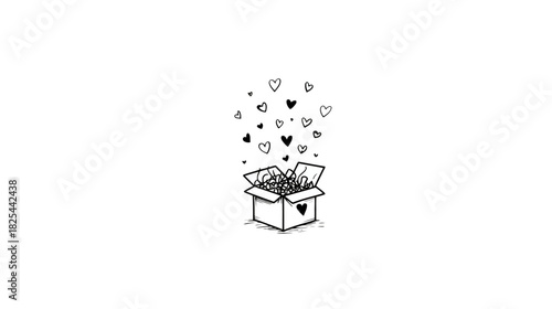 Minimalist hand-drawn open box with hearts flying out. Black and white doodle art illustrating love, surprise, and generosity.