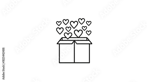Minimalist line art icon of an open gift box with flying hearts, representing love, generosity, care, and positive emotions.