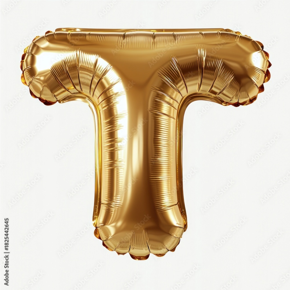 Fototapeta premium shiny gold foil balloon shaped like the letter t against a white background, festive and celebratory mood