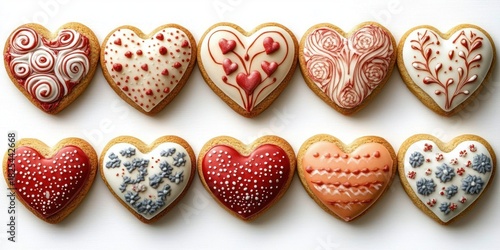 Ten heart-shaped iced cookies arranged in two neat rows on white background, decorated with red, pink, white and blue floral, swirl and dot patterns, evoking sweet romantic charm