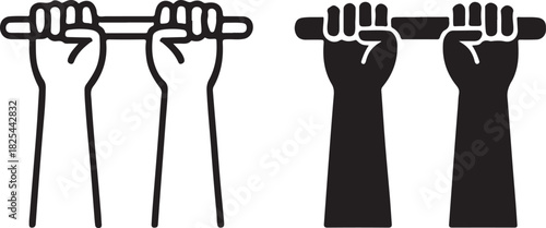 Human hands gripping a horizontal bar, symbolizing collective strength, unity, protest, and sustained effort, depicted in a clear graphic icon. isolated on white background, Vector