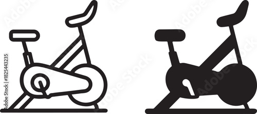 Stationary exercise bike icon in two styles: outline and solid black silhouette, ideal for fitness, health, and active lifestyle designs. isolated on white background, Vector