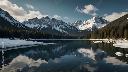 A pristine mountain lake surrounded by snow-capped peaks 