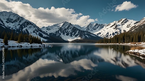 A pristine mountain lake surrounded by snow-capped peaks 