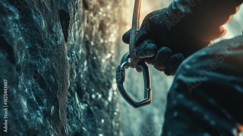 Serene Climber Securing Carabiner in Glowing Pastel Light During Outdoor Ascent
