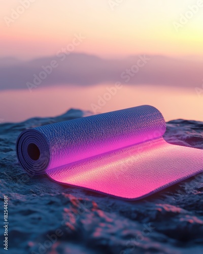 Glowing Pastel Yoga Mat Unrolled on Mountain Peak During Sunrise with Scenic View