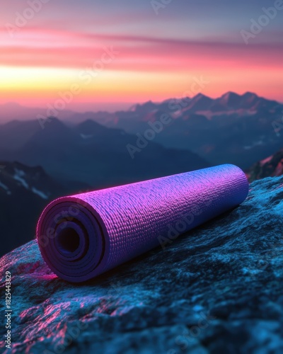 Pastel Glowing Yoga Mat Unrolled on Rocky Mountain Peak at Sunset