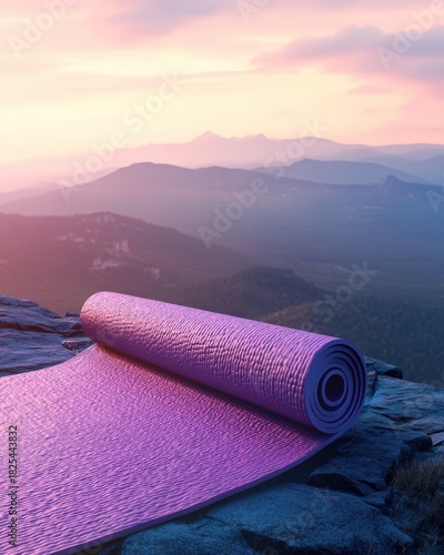 Glowing Pastel Yoga Mat Unrolled at Mountain Peak During Colorful Sunset