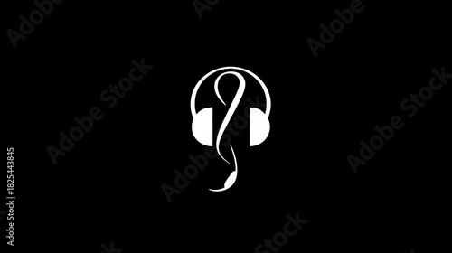 Modern Minimalist White Headphones with Integrated Musical Note Icon on Black Background. Abstract Audio Sound Symbol Graphic Design.