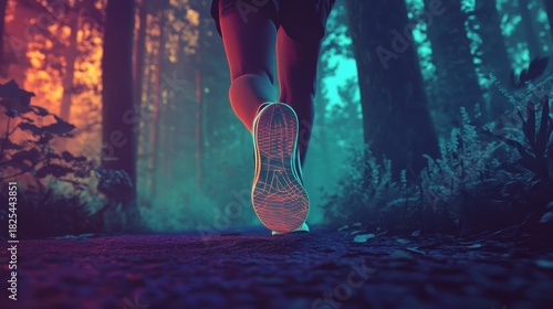 Glowing Pastel Runner Jogging Through a Quiet Forest Trail at Dusk in Vibrant Colors