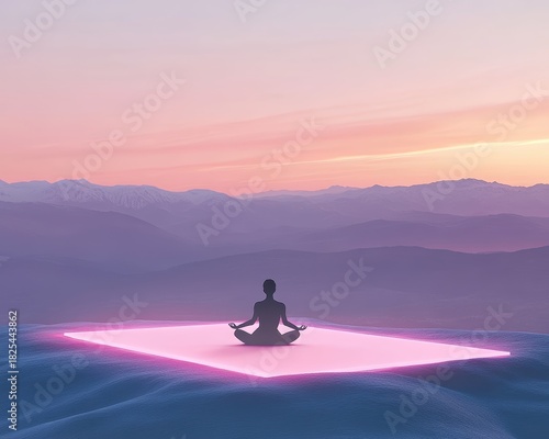 Serene Yoga Practice on a Glowing Pastel Mat Against Scenic Mountain Landscape
