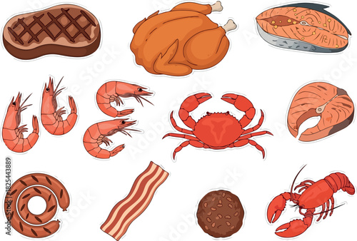 Delicious meat and seafood feast illustration featuring steak, chicken, shrimp, and lobster