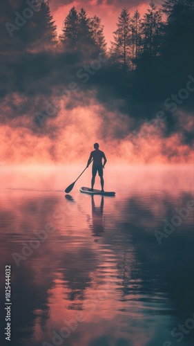 Paddleboarder Gliding Through a Misty Lake at Dawn with Glowing Pastel Sky