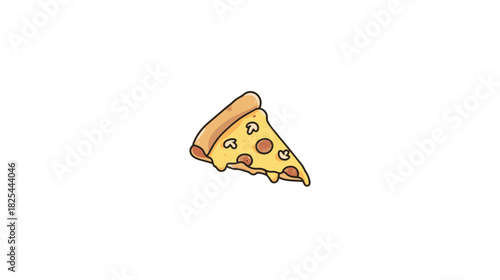 Hand drawn cartoon pizza slice illustration with melted cheese and pepperoni, isolated on a white background. Delicious fast food snack.