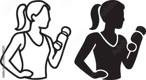 Outline and silhouette icon of a woman with a ponytail performing a dumbbell bicep curl exercise, representing fitness and strength. isolated on white background, Vector