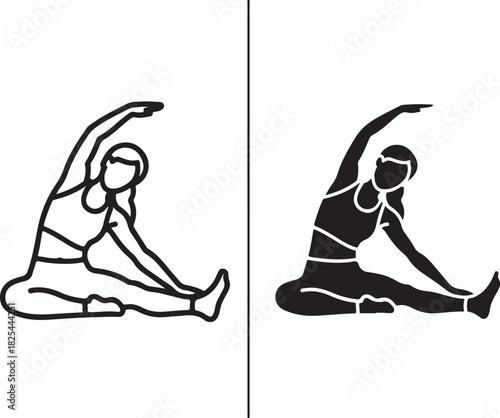 Woman performing seated side bend stretch exercise icon. female stretching for flexibility, fitness, yoga, workout. outline and silhouette graphic. isolated on white background, Vector