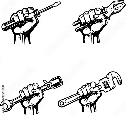 Fisted Hand Holding Mechanical Tools Screwdriver Wrench Plier.eps