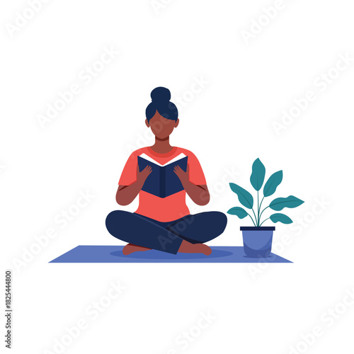 Girl Reading Book on Mat with Potted Plant, Calm and Mindful Learning Concept