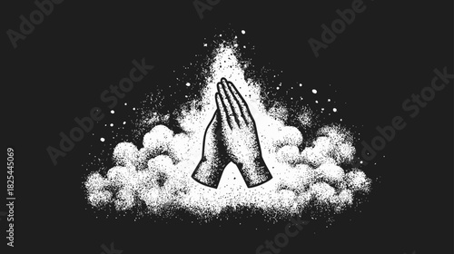 Spiritual Praying Hands Illustration with Divine Light and Clouds on Dark Background - Hope, Faith, Devotion
