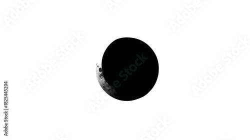 Abstract solar eclipse or lunar phase illustration. Minimalist black circle obscuring crescent moon on white background.