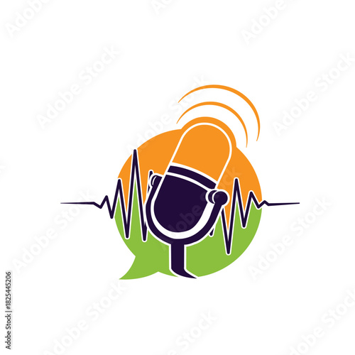 Microphone with Speech Bubble and Sound Waves, Podcast and Audio Communication Concept