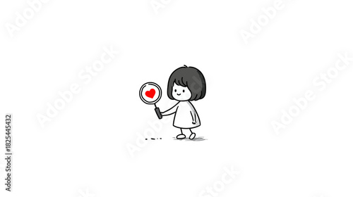 Charming minimalist sketch of a cute cartoon girl searching for love with a magnifying glass, featuring a red heart.