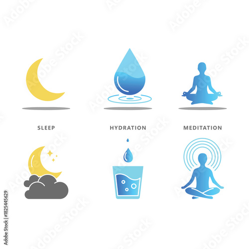 Set of Wellness Icons for Sleep, Hydration, and Meditation, Healthy Lifestyle Concept
