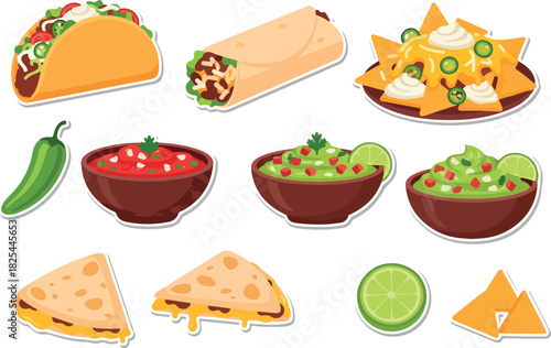 Mexican Feast Illustration Taco, Burrito, Nachos, Dips & Quesadillas