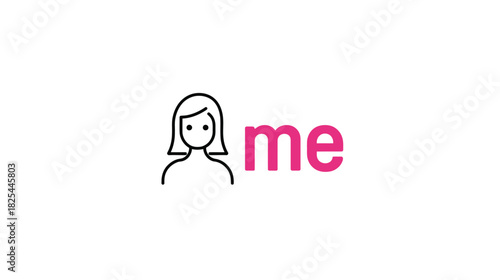 Modern minimalist line art icon of a woman's head and shoulders with bright pink 'me' text, representing personal identity or user profile.