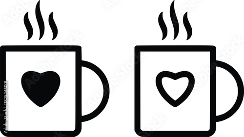 Two steaming mugs with heart designs for couples or love vector