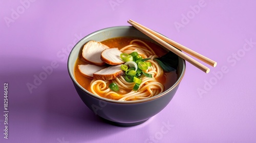 A serene arrangement of ramen with golden noodles deep broth delicate miso and balanced toppings steaming calmly on a plain bright purple background with chopsticks completing the scene
