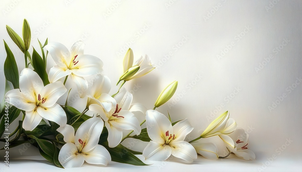 Fototapeta premium cluster of white lilies with green leaves and unopened buds on a soft neutral background, delicate and serene floral still life conveying purity and calm
