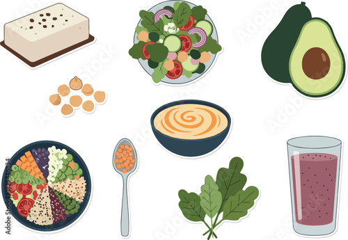 Healthy Vegan Food Collection Tofu, Salad, Avocado, and More
