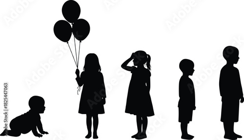 Silhouettes of children at various growth stages—from crawling baby to standing kids—child development concept, isolated on white background