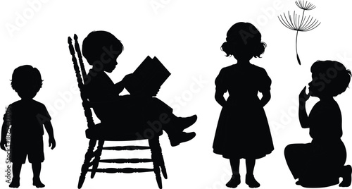 Silhouettes of children playing, reading book, standing, kneeling, blowing dandelion, cute kids black vector illustration isolated on white background
