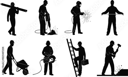 Silhouettes of construction workers using tools, performing tasks like welding, drilling, lifting, and climbing, in industrial job site environment