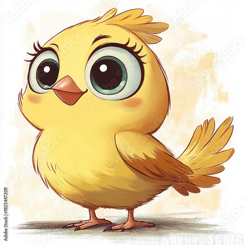 adorable yellow baby chick with huge expressive eyes, long eyelashes, small wings and fluffy round body standing cheerfully