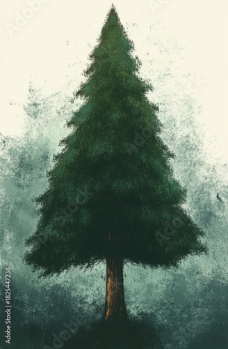 solitary tall evergreen tree with textured trunk against a misty teal background conveying calm majestic solitude