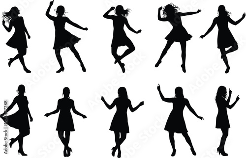 Silhouettes of dancing women in different poses, happy girls in motion, joyful female dancers vector art for design and animation