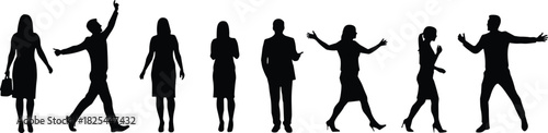 Silhouettes of business people in various poses—walking, talking, gesturing—corporate teamwork and communication concept on white background