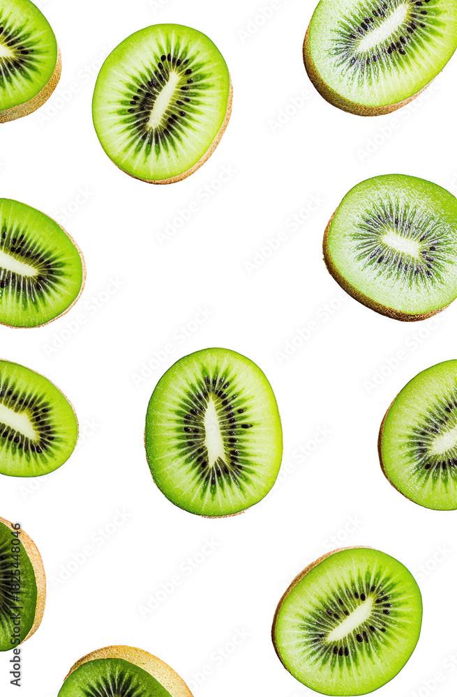 Fototapeta premium Freshly sliced kiwis arranged in a circular pattern on a clean white background. their green color and unique textures. ideal for culinary or health-related content