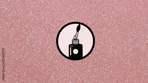 Nail Polish Bottle Icon with Applicator Brush on Sparkling Pink Glitter Background for Beauty and Manicure Design