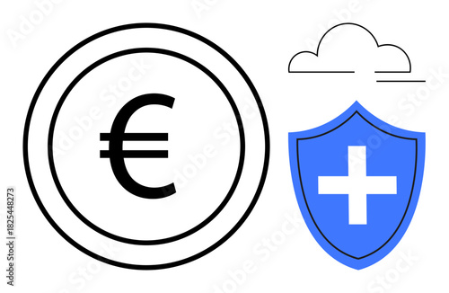Euro coin, shield with cross, and cloud symbolizing financial security, digital data, and protection. Ideal for finance, savings, insurance technology safety security globalization. Clean flat
