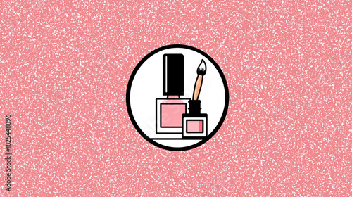 Flat vector icon of pink nail polish bottles and brush on a glitter texture background. Ideal for manicure, pedicure, beauty, and cosmetic designs.